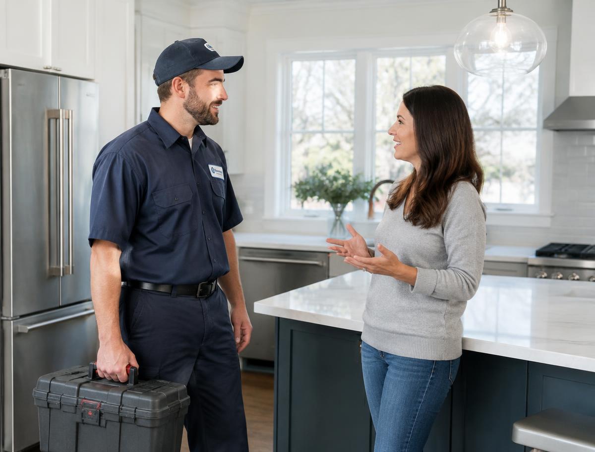 NexFix technician with a toolbox discussing an appliance issue with a homeowner