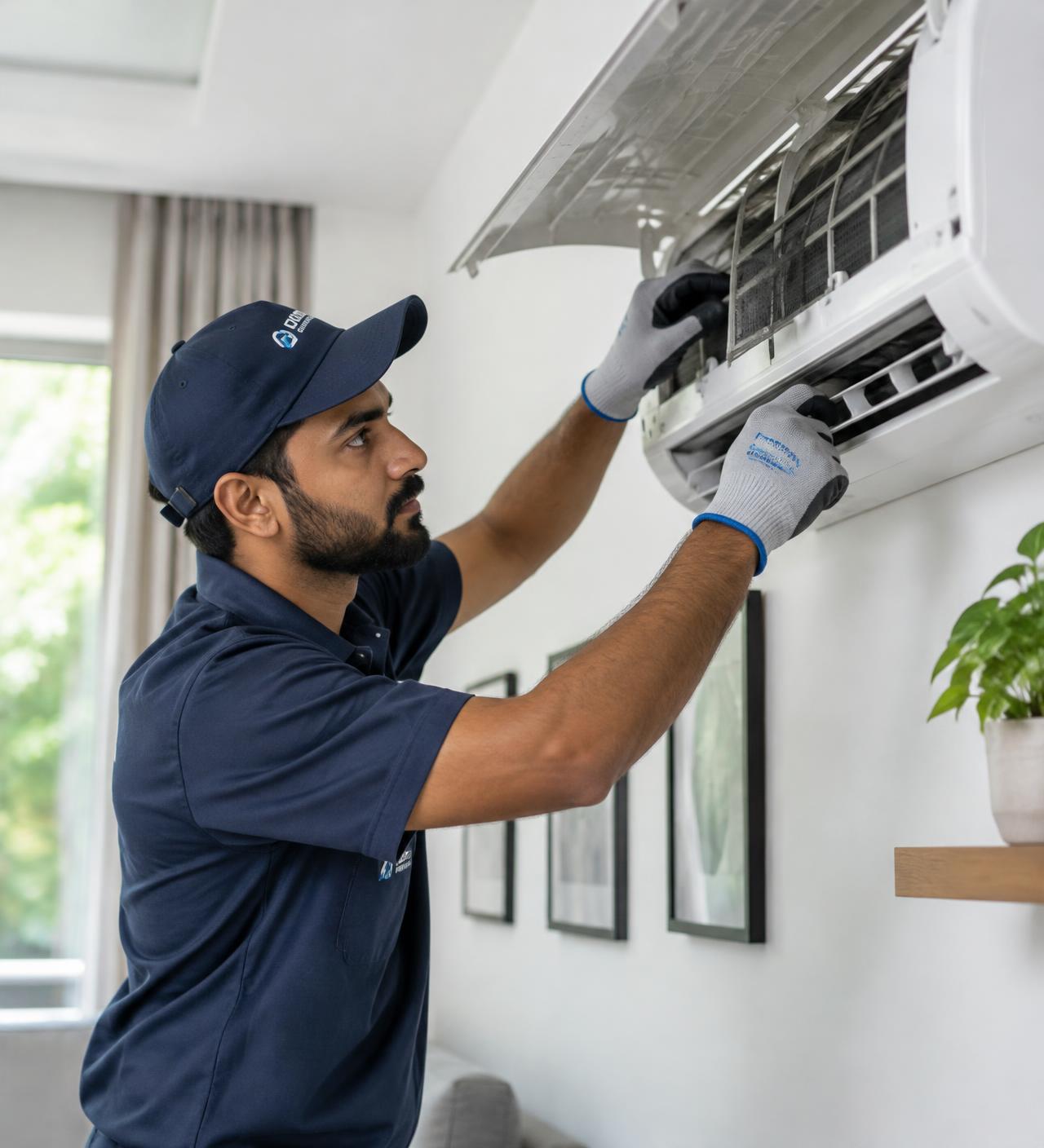 NexFix technician servicing a wall-mounted split air conditioner in a home