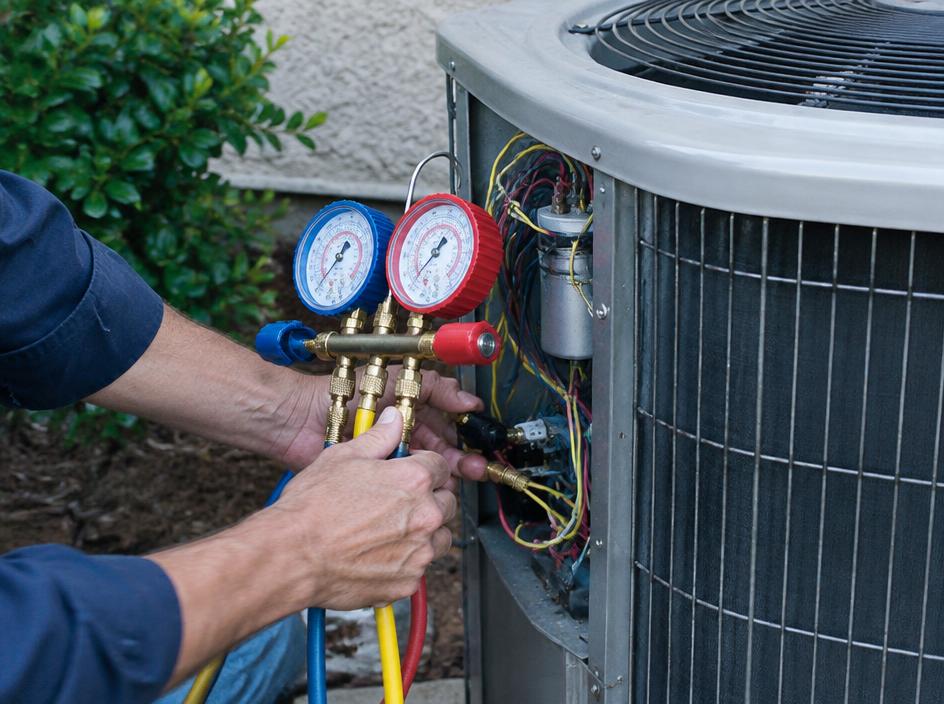 Technician checking refrigerant pressure gauges on an outdoor AC unit