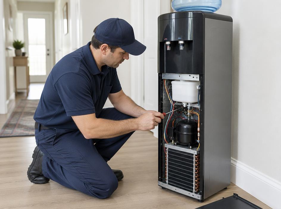 Technician repairing the internal cooling unit of a floor-standing water dispenser