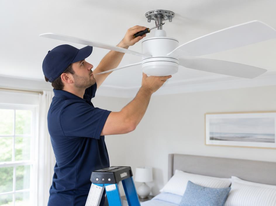 Technician on a step ladder installing a white ceiling fan