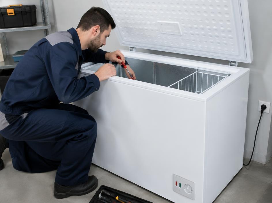 Technician inspecting the inside of an open chest deep freezer