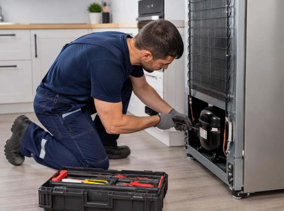 Technician repairing the compressor at the back of a refrigerator