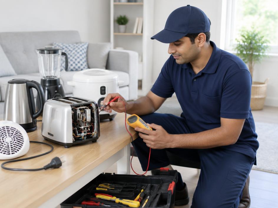 Technician checking small household appliances with a multimeter