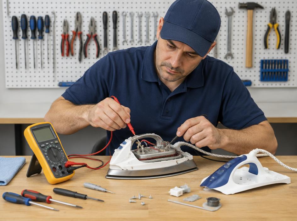 Technician testing the heating element of an opened electric iron with a multimeter
