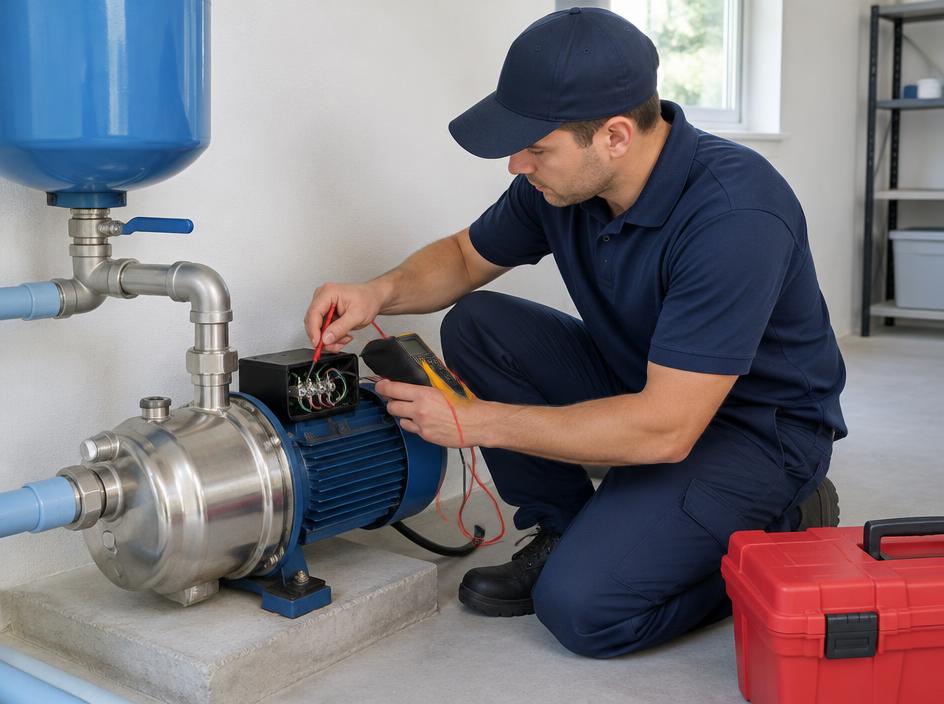 Technician testing the wiring of a stainless steel monoblock water motor