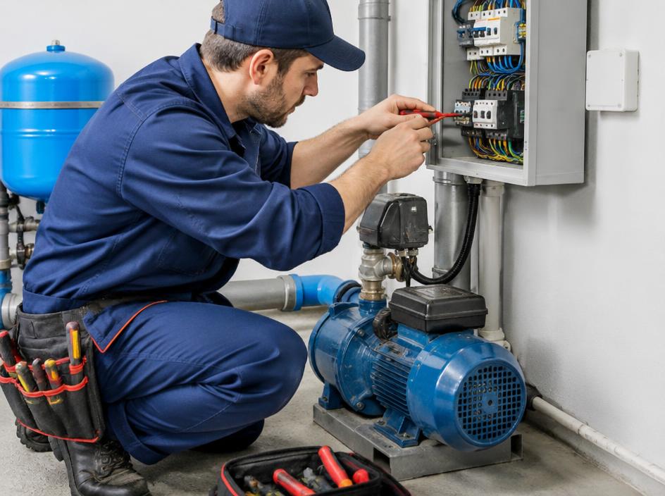 Electrician working on a domestic water pump and electrical panel