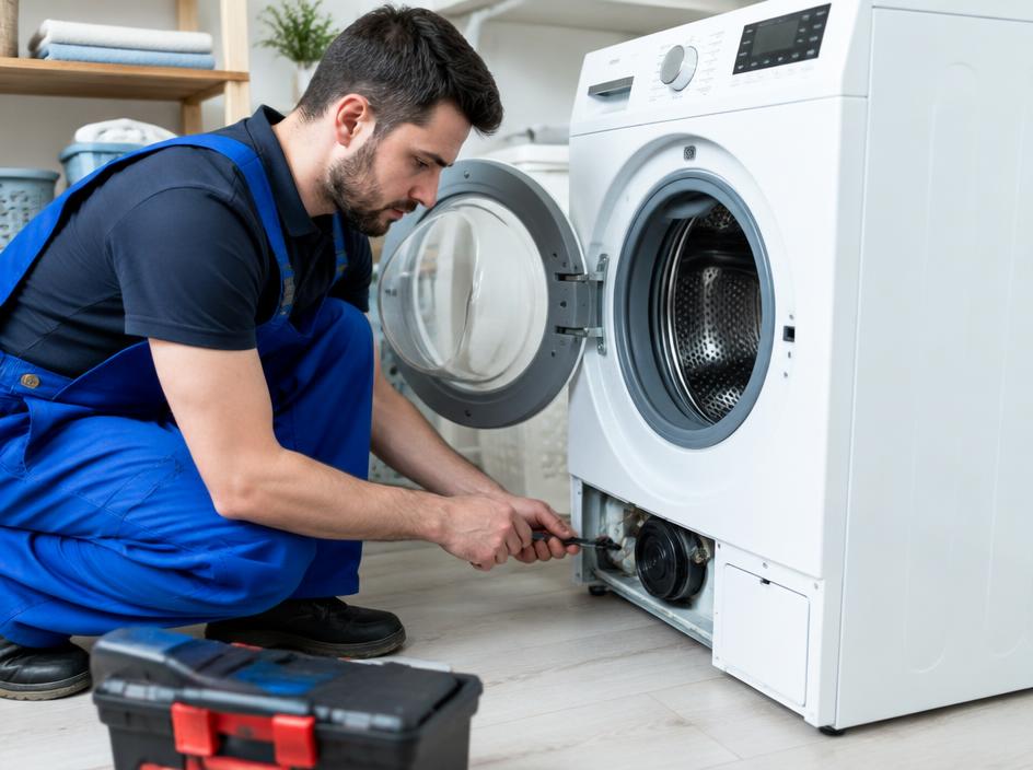 Technician fixing the drain filter of a front-load washing machine
